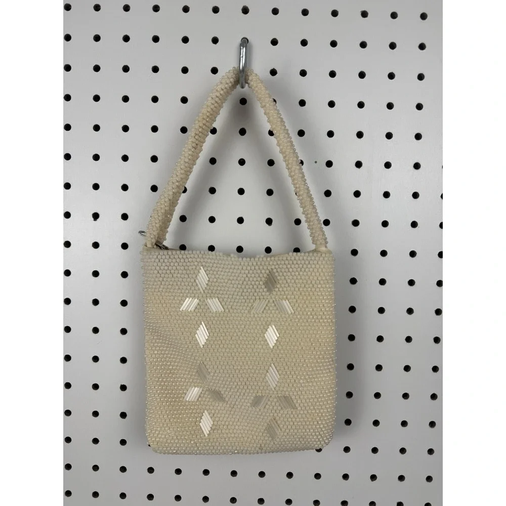 Vtg 1960s Beaded Cream Evening‎ Handbag Handmade Hong Kong Top Handle Purse